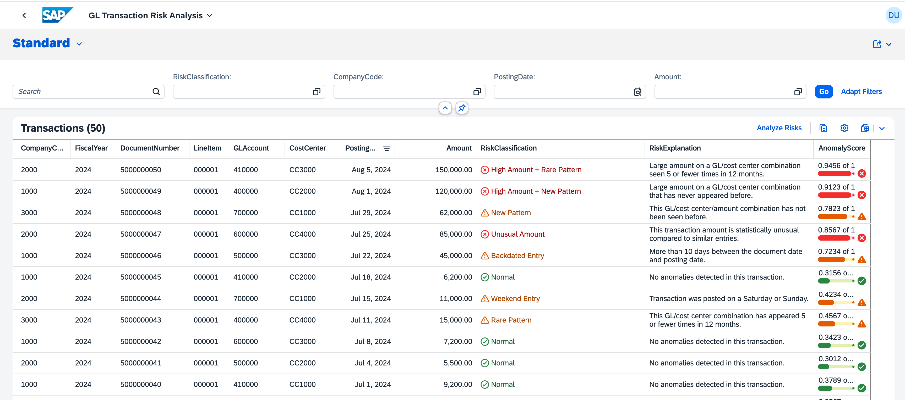 Financial Risk Analyzer — Fiori Elements List Report showing GL transactions with risk classifications, criticality indicators, and anomaly scores